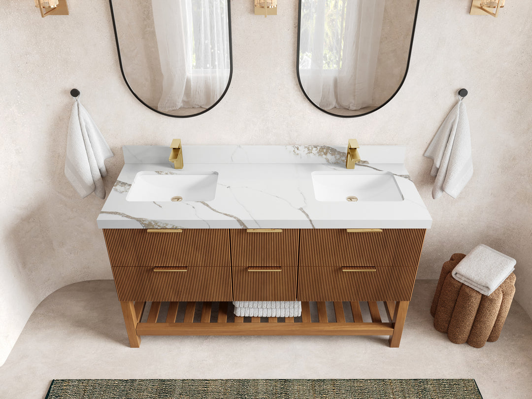 Catalina Teak 60 in W x 22 in D Free Standing Reeded Double Sink Bathroom Vanity