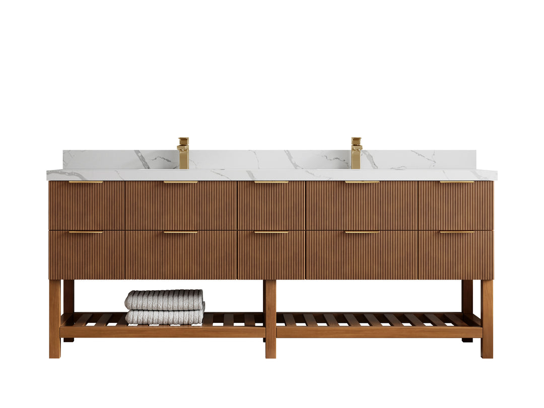 Catalina Teak 84 in W x 22 in D Free Standing Reeded Double Sink Bathroom Vanity