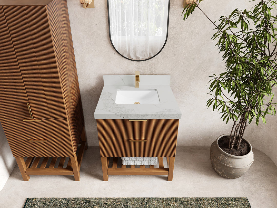 Catalina Teak 30 in W x 22 in D Free Standing Reeded Single Sink Bathroom Vanity