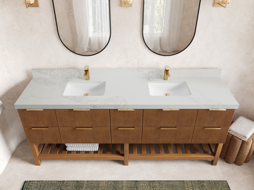 Catalina Teak 84 in W x 22 in D Free Standing Reeded Double Sink Bathroom Vanity