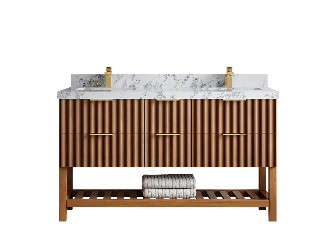 Catalina Teak 60 in W x 22 in D Free Standing Reeded Double Sink Bathroom Vanity