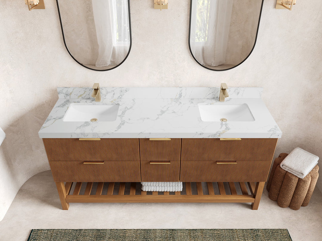 Catalina Teak 72 in W x 22 in D Free Standing Reeded Double Sink Bathroom Vanity