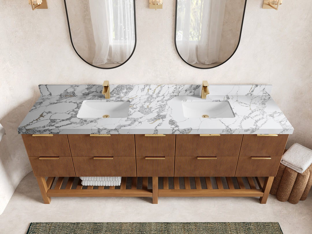Catalina Teak 84 in W x 22 in D Free Standing Reeded Double Sink Bathroom Vanity
