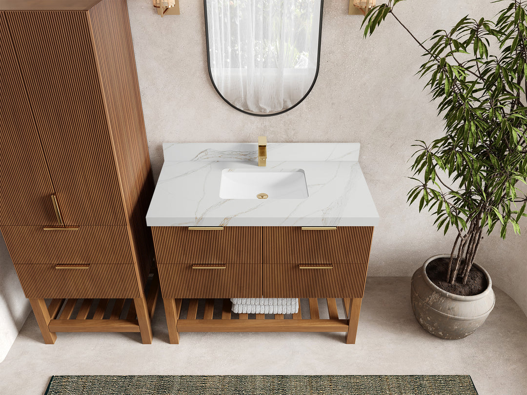 Catalina Teak 42 in W x 22 in D Free Standing Reeded Single Sink Bathroom Vanity