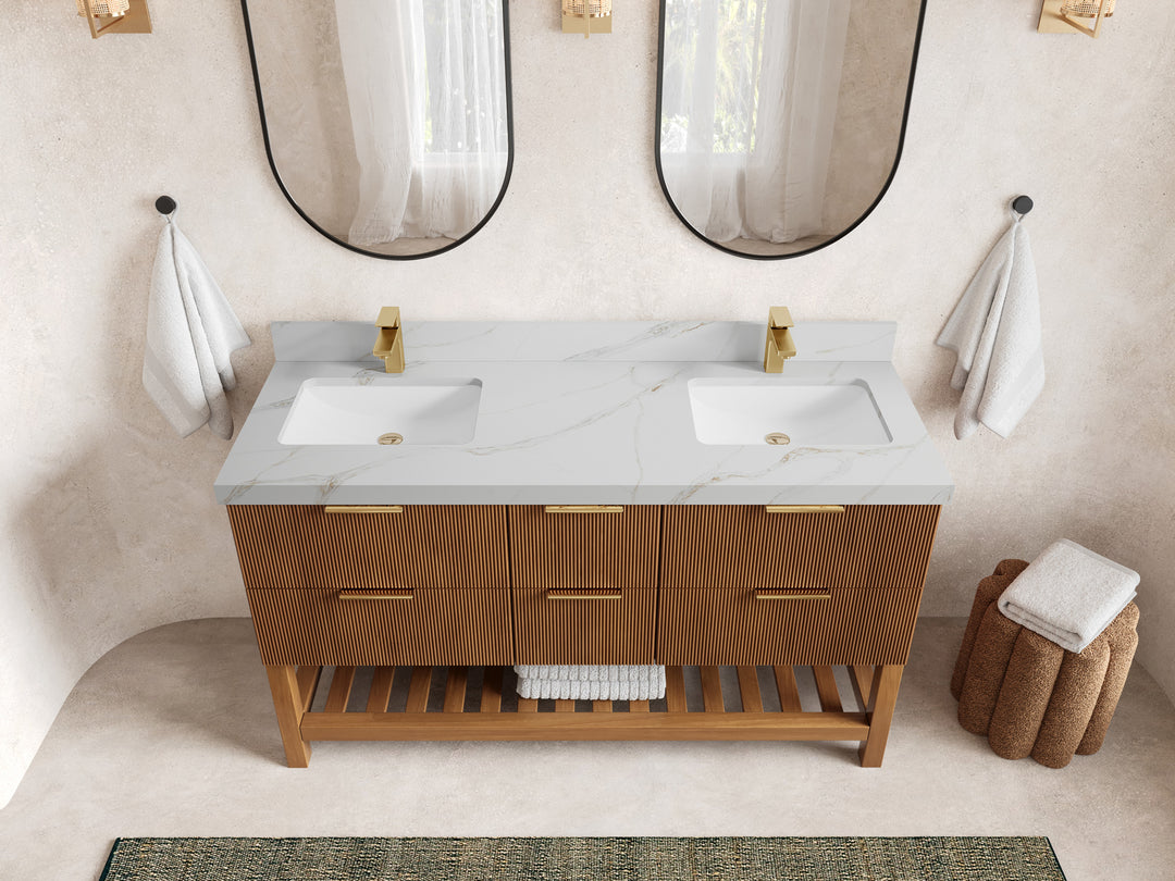 Catalina Teak 60 in W x 22 in D Free Standing Reeded Double Sink Bathroom Vanity