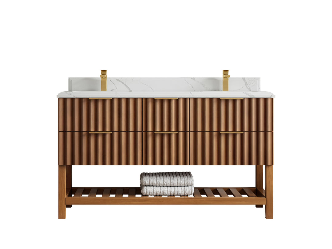 Catalina Teak 60 in W x 22 in D Free Standing Reeded Double Sink Bathroom Vanity