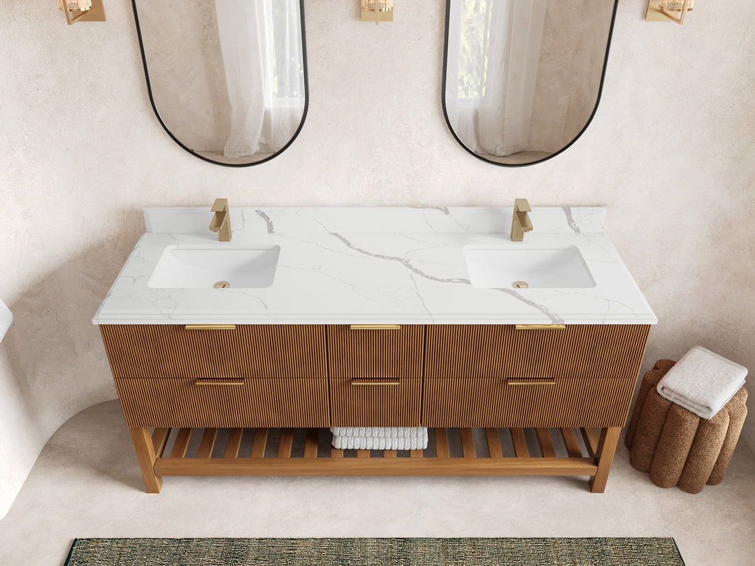 Catalina Teak 72 in W x 22 in D Free Standing Reeded Double Sink Bathroom Vanity