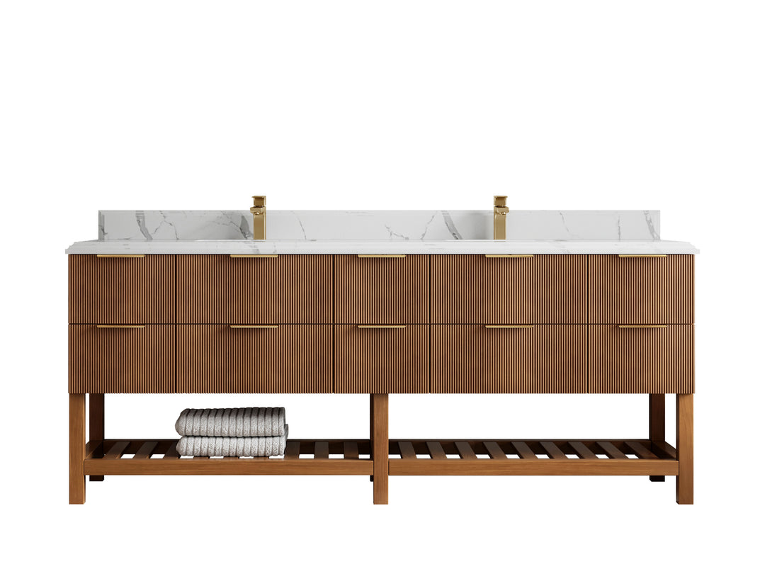 Catalina Teak 84 in W x 22 in D Free Standing Reeded Double Sink Bathroom Vanity