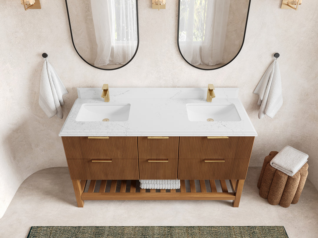 Catalina Teak 60 in W x 22 in D Free Standing Reeded Double Sink Bathroom Vanity