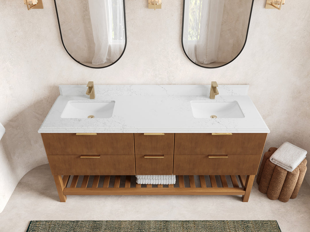 Catalina Teak 72 in W x 22 in D Free Standing Reeded Double Sink Bathroom Vanity