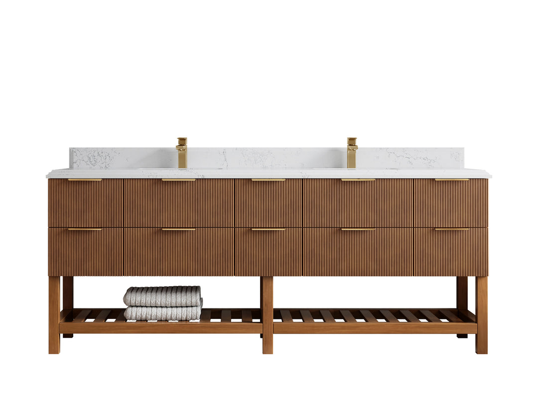 Catalina Teak 84 in W x 22 in D Free Standing Reeded Double Sink Bathroom Vanity