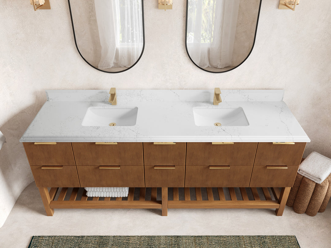Catalina Teak 84 in W x 22 in D Free Standing Reeded Double Sink Bathroom Vanity