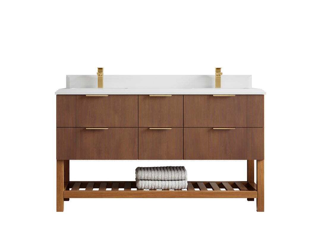 Catalina Teak 60 in W x 22 in D Free Standing Reeded Double Sink Bathroom Vanity