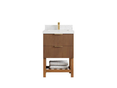 Catalina Teak 24-inch bathroom vanity in Dark Natural Teak with Empira White Quartz countertop, faucet view
