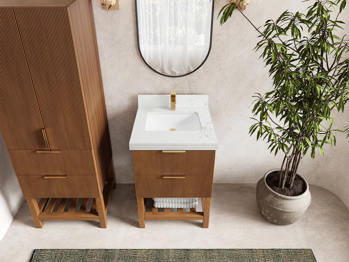 Catalina Teak 24-inch bathroom vanity in Dark Natural Teak with Empira White Quartz countertop, top view