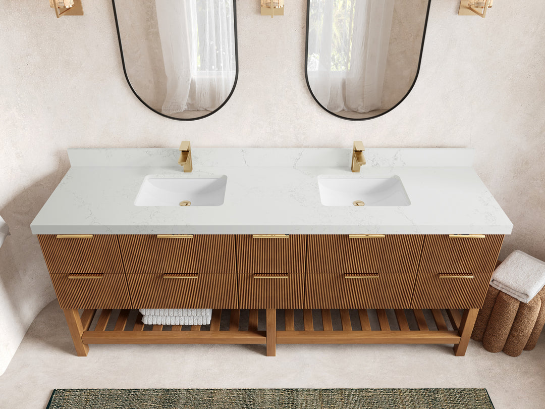 Catalina Teak 84 in W x 22 in D Free Standing Reeded Double Sink Bathroom Vanity