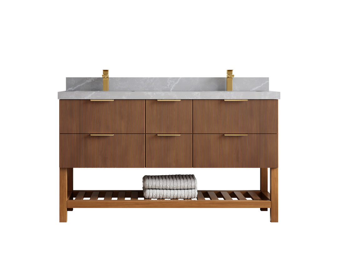 Catalina Teak 60 in W x 22 in D Free Standing Reeded Double Sink Bathroom Vanity