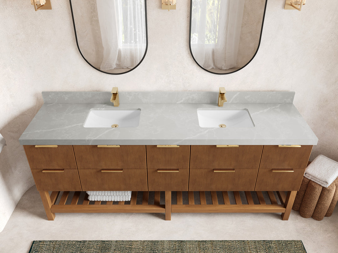 Catalina Teak 84 in W x 22 in D Free Standing Reeded Double Sink Bathroom Vanity