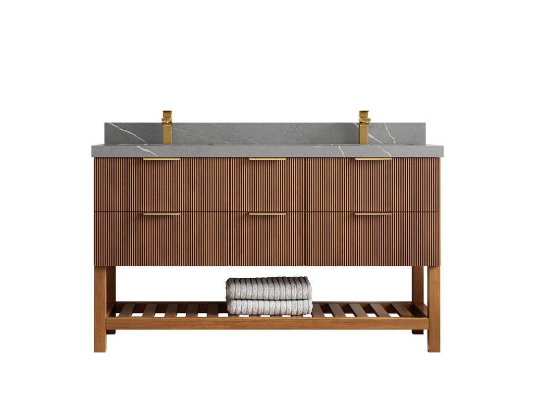 Catalina Teak 60 in W x 22 in D Free Standing Reeded Double Sink Bathroom Vanity