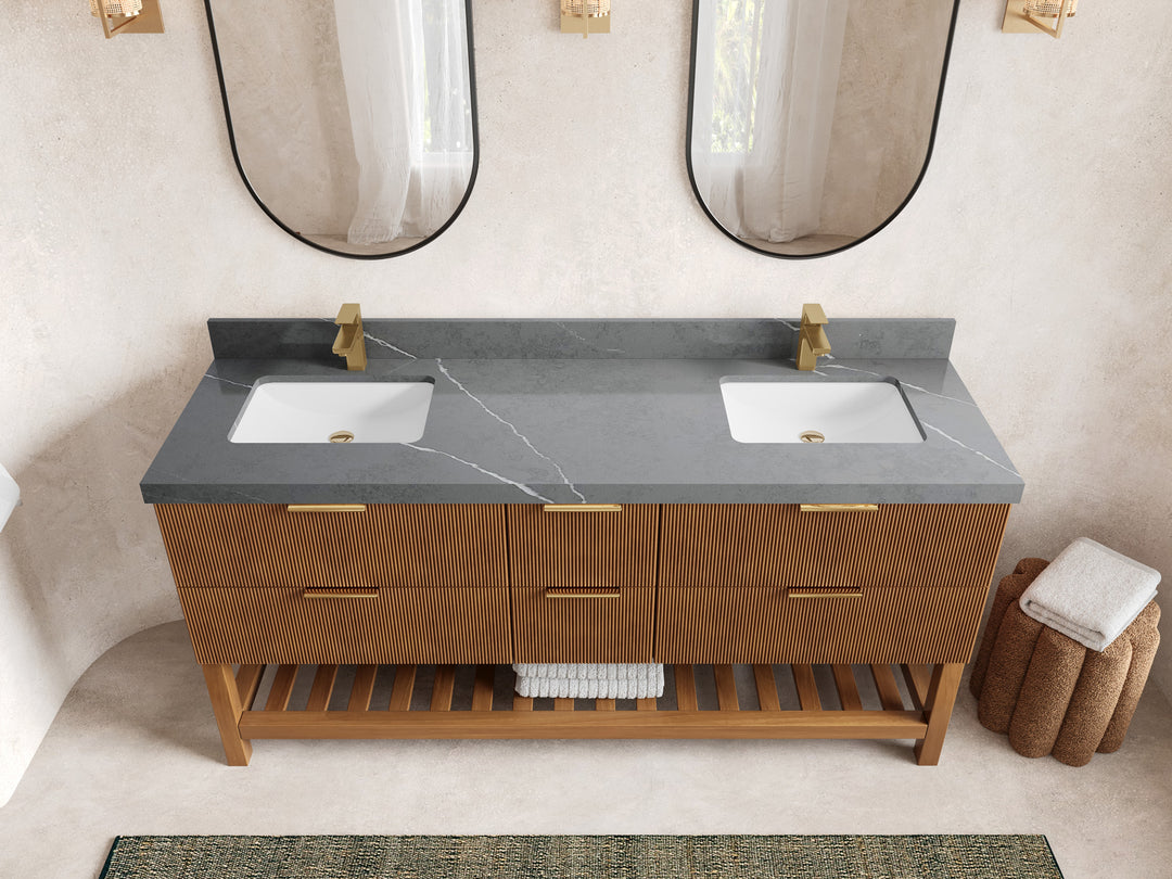 Catalina Teak 72 in W x 22 in D Free Standing Reeded Double Sink Bathroom Vanity