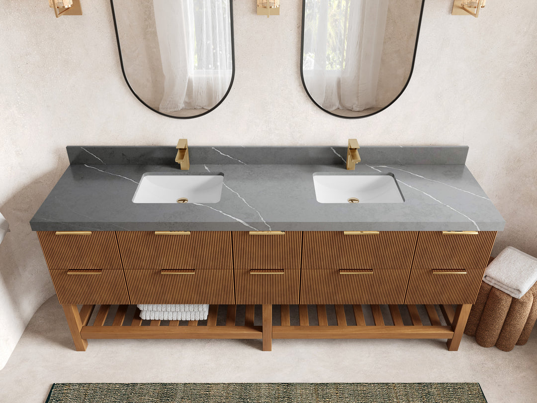Catalina Teak 84 in W x 22 in D Free Standing Reeded Double Sink Bathroom Vanity