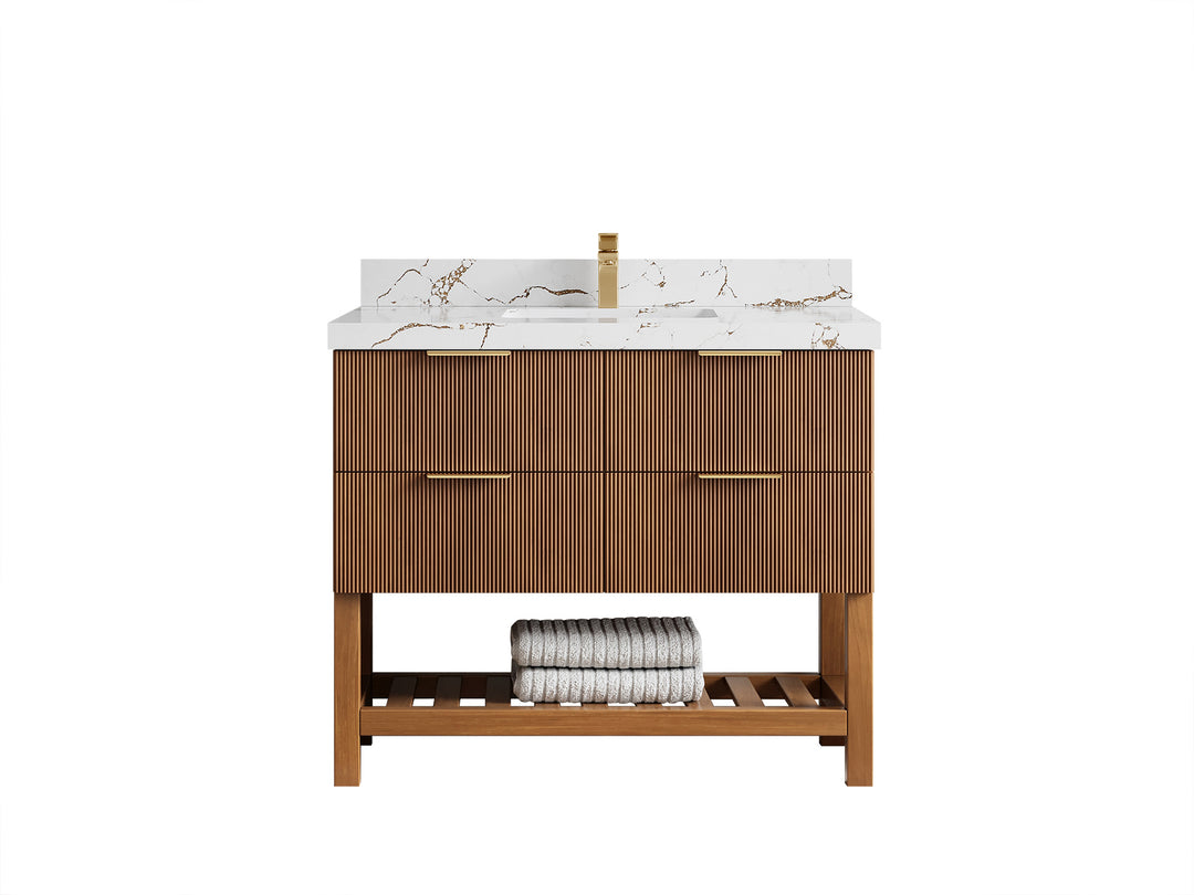 Catalina Teak 42 in W x 22 in D Free Standing Reeded Single Sink Bathroom Vanity