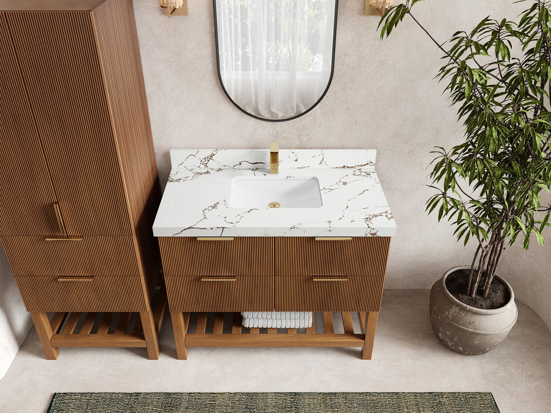Catalina Teak 42 in W x 22 in D Free Standing Reeded Single Sink Bathroom Vanity