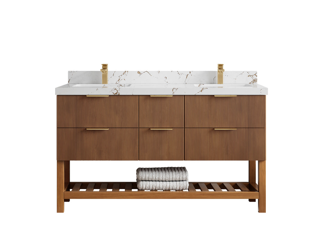 Catalina Teak 60 in W x 22 in D Free Standing Reeded Double Sink Bathroom Vanity