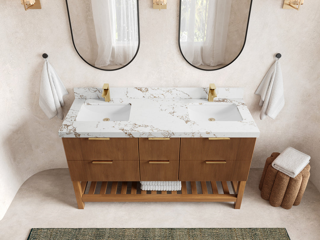 Catalina Teak 60 in W x 22 in D Free Standing Reeded Double Sink Bathroom Vanity