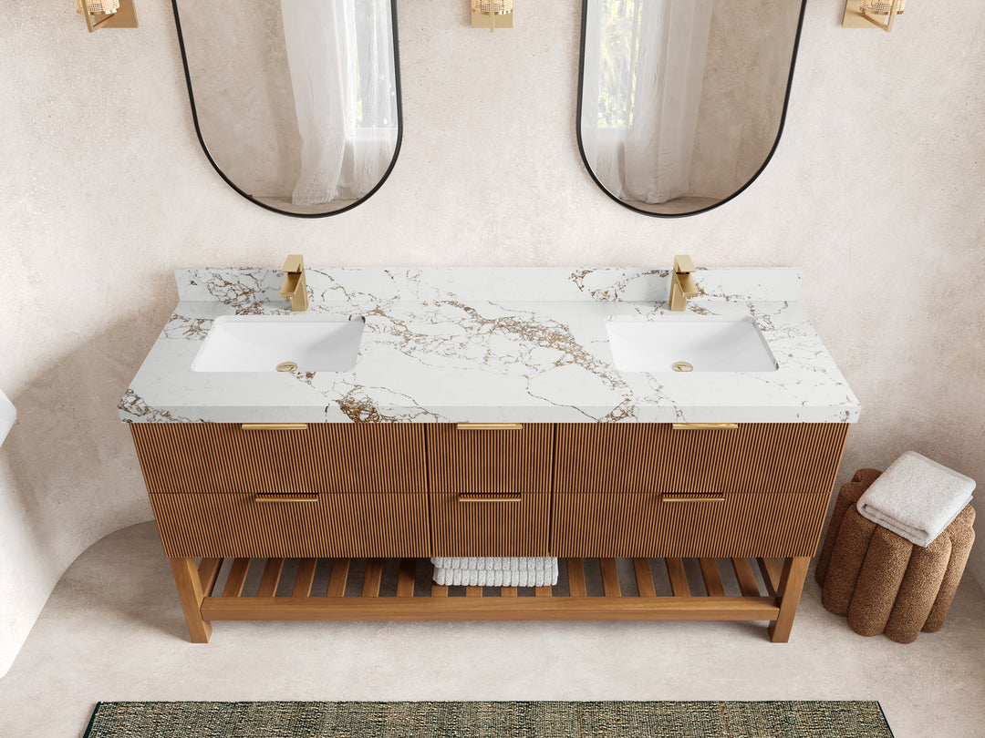 Catalina Teak 72 in W x 22 in D Free Standing Reeded Double Sink Bathroom Vanity