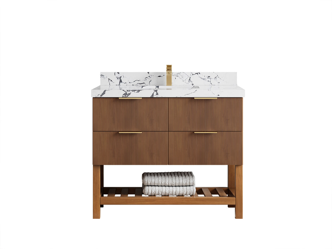 Catalina Teak 42 in W x 22 in D Free Standing Reeded Single Sink Bathroom Vanity