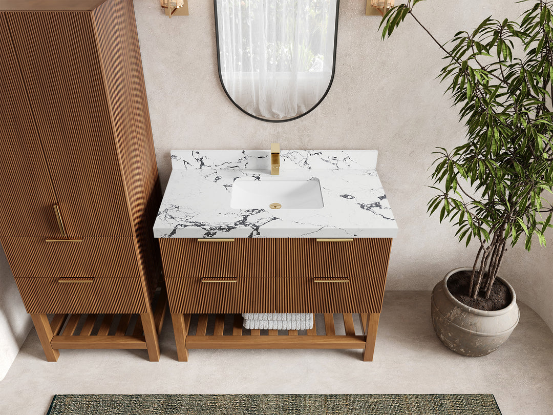Catalina Teak 42 in W x 22 in D Free Standing Reeded Single Sink Bathroom Vanity