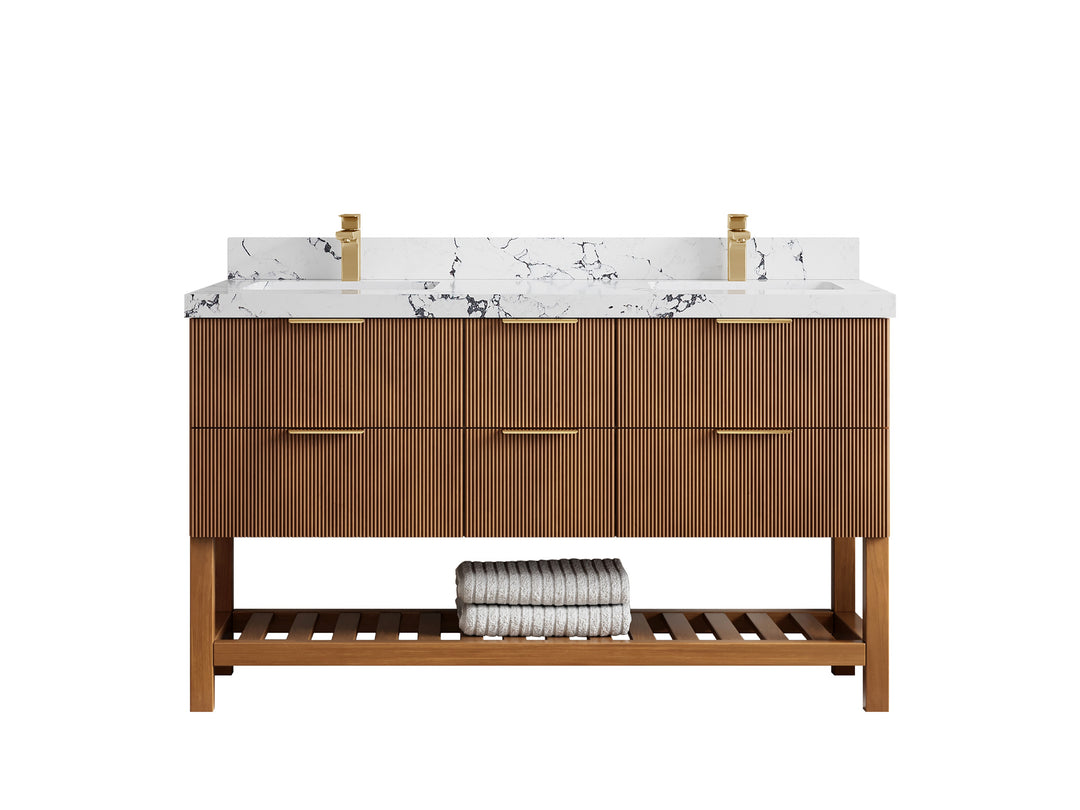 Catalina Teak 60 in W x 22 in D Free Standing Reeded Double Sink Bathroom Vanity