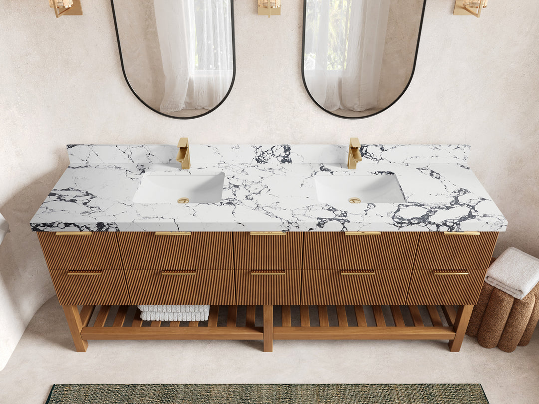Catalina Teak 84 in W x 22 in D Free Standing Reeded Double Sink Bathroom Vanity