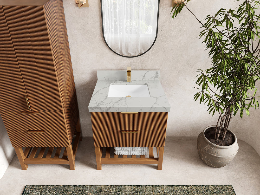 Catalina Teak 30 in W x 22 in D Free Standing Reeded Single Sink Bathroom Vanity