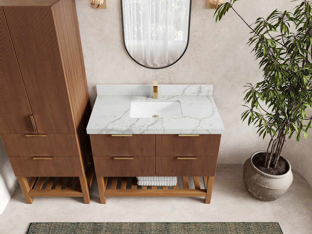 Catalina Teak 42 in W x 22 in D Free Standing Reeded Single Sink Bathroom Vanity