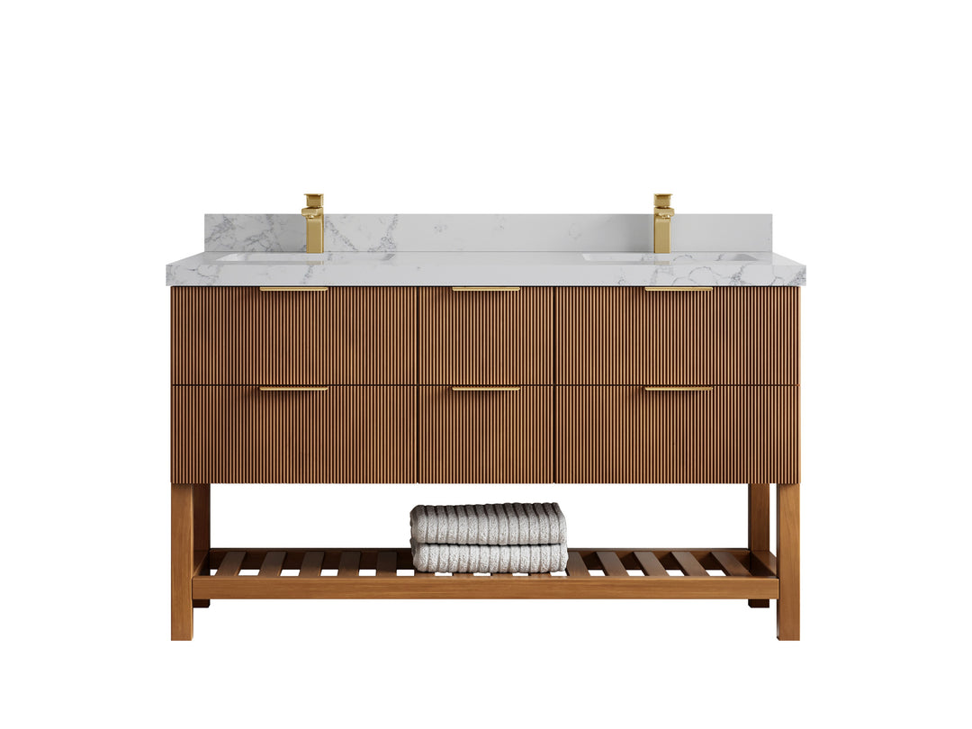 Catalina Teak 60 in W x 22 in D Free Standing Reeded Double Sink Bathroom Vanity
