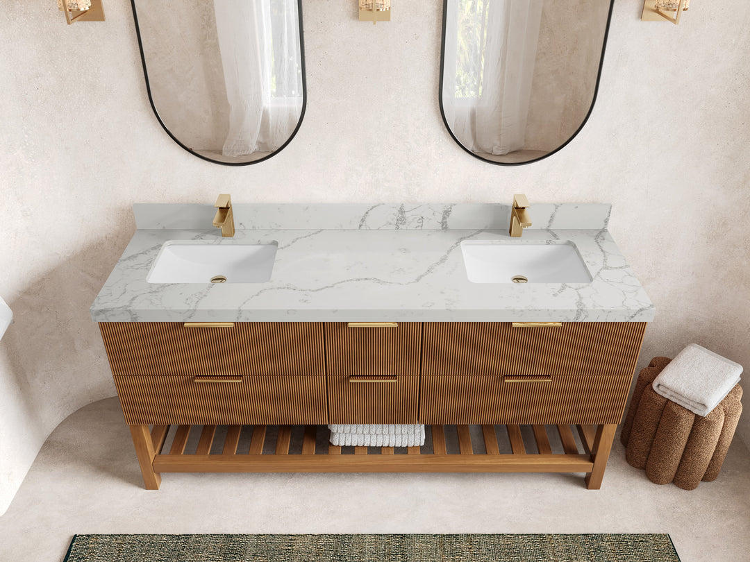 Catalina Teak 72 in W x 22 in D Free Standing Reeded Double Sink Bathroom Vanity