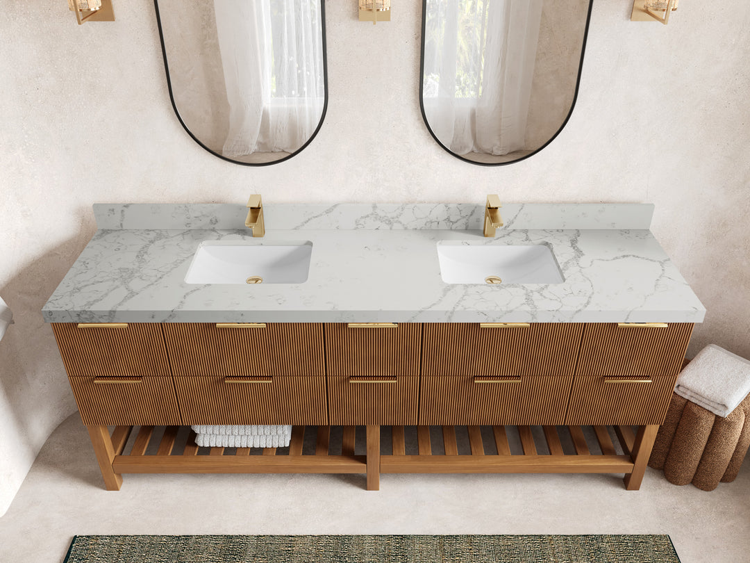 Catalina Teak 84 in W x 22 in D Free Standing Reeded Double Sink Bathroom Vanity