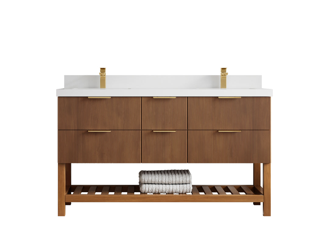 Catalina Teak 60 in W x 22 in D Free Standing Reeded Double Sink Bathroom Vanity