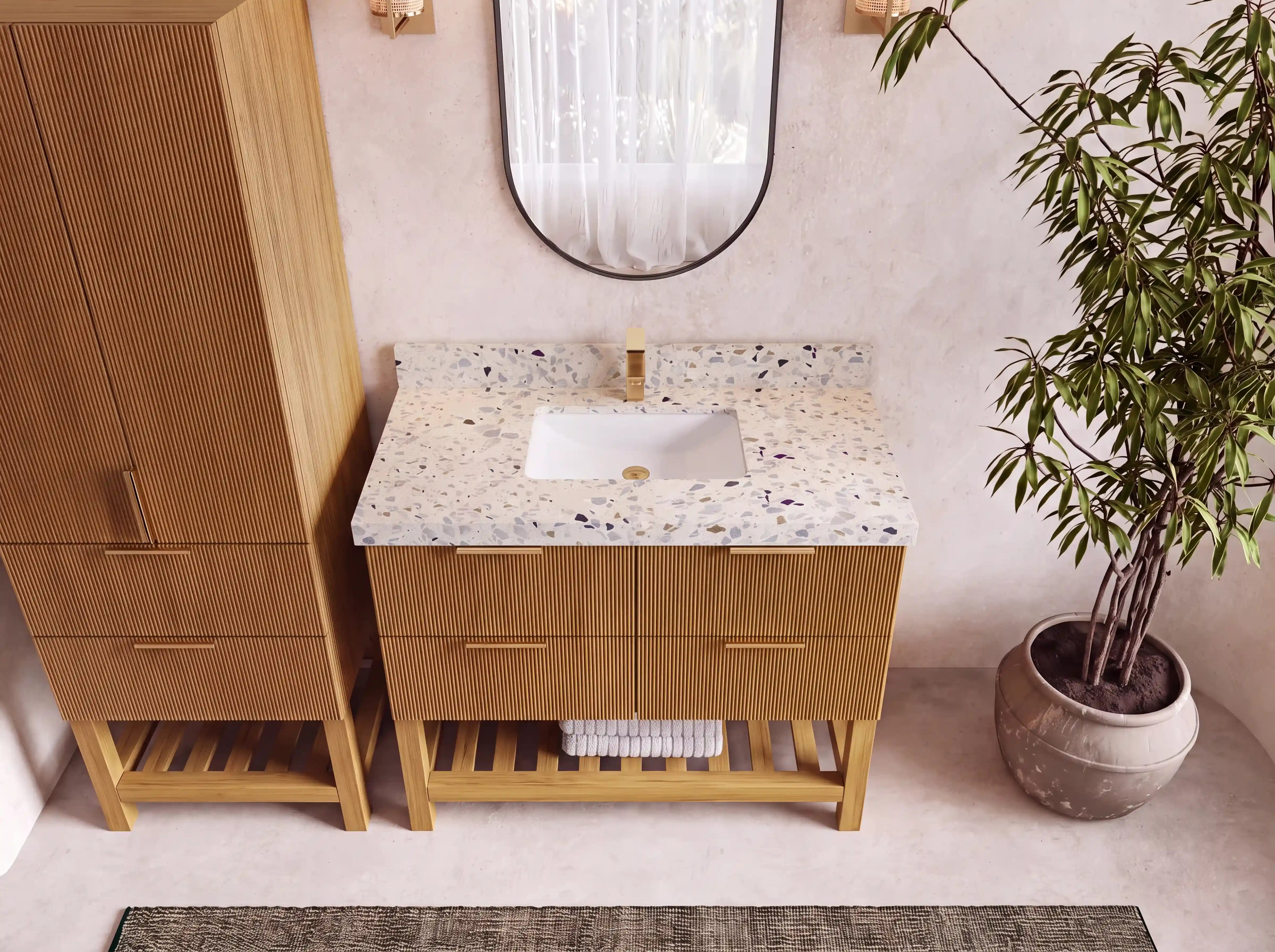 Catalina Teak 42 in W x 22 in D Free Standing Reeded Single Sink Bathroom Vanity
