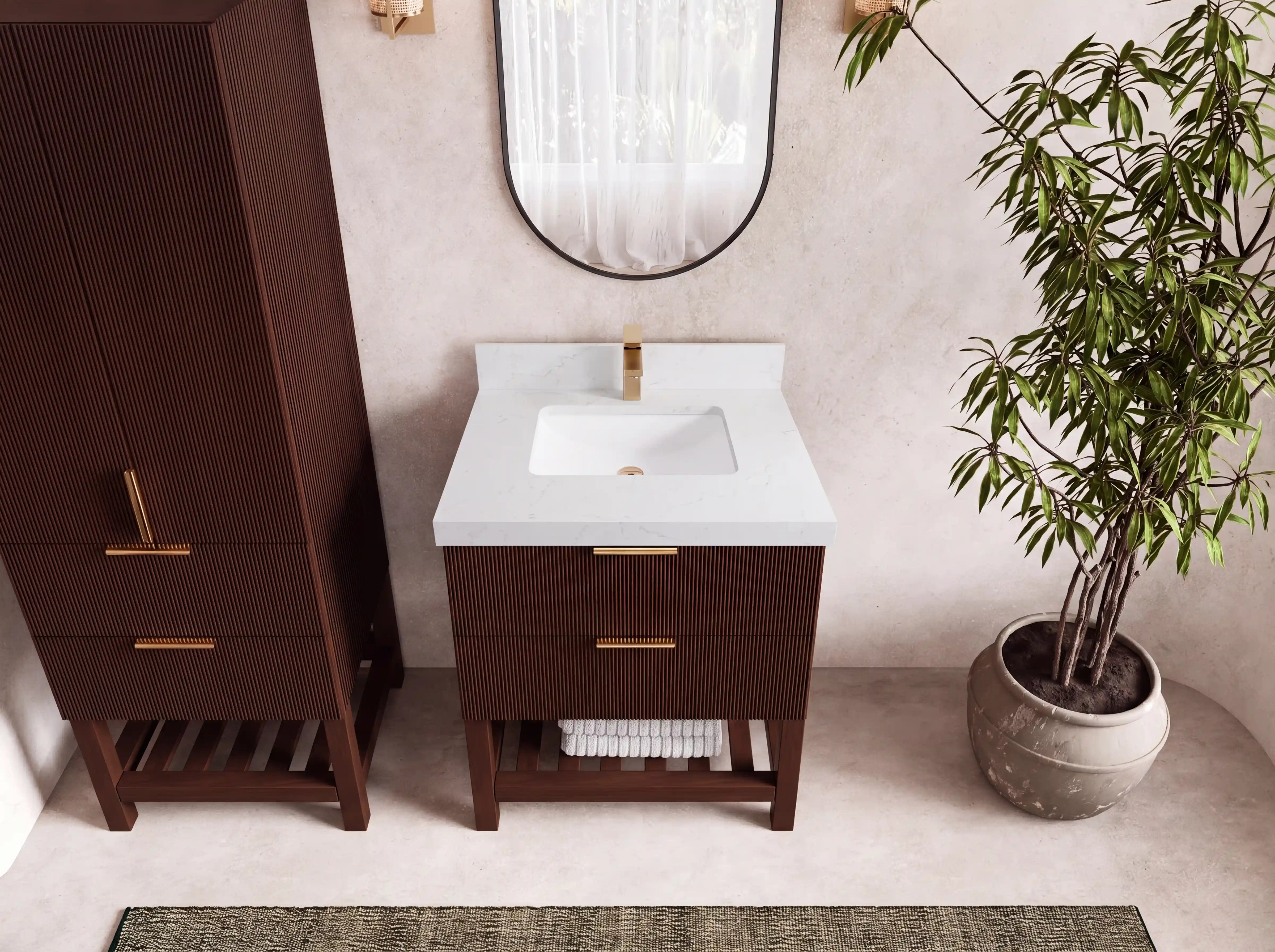 Catalina Teak 30 in W x 22 in D Free Standing Reeded Single Sink Bathroom Vanity