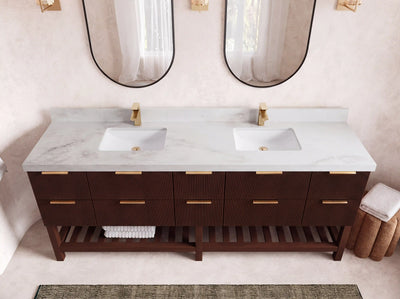 Catalina Teak 84 in W x 22 in D Free Standing Reeded Double Sink Bathroom Vanity