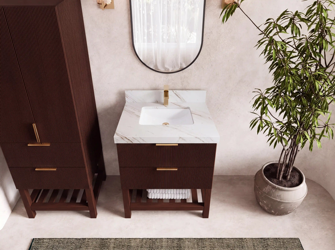 Catalina Teak 30 in W x 22 in D Free Standing Reeded Single Sink Bathroom Vanity | 
              
                Dark Walnut Teak
                
                  
             - CAT_TK_WLN_WHQZ_30 - photo №31