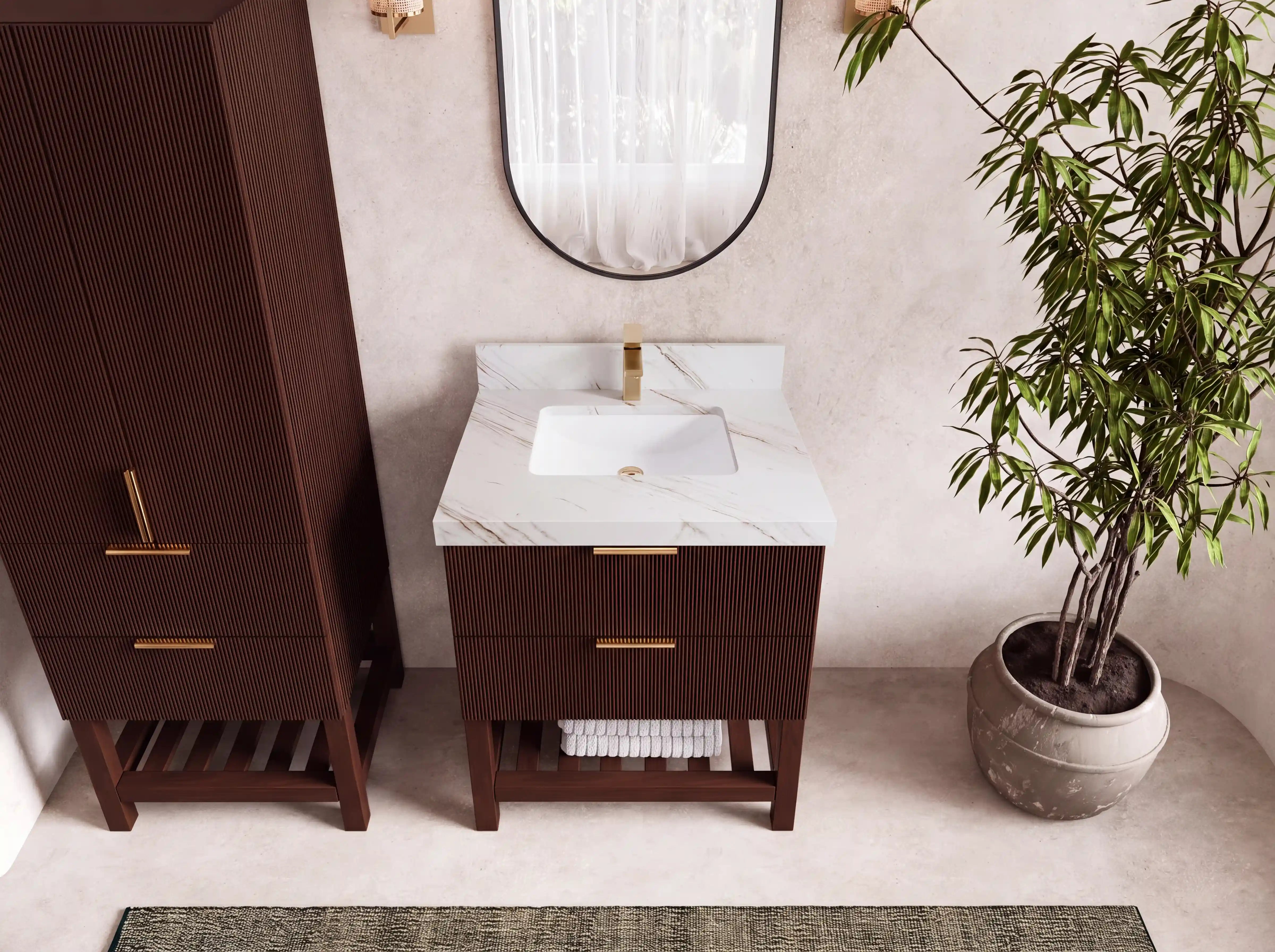 Catalina Teak 30 in W x 22 in D Free Standing Reeded Single Sink Bathroom Vanity
