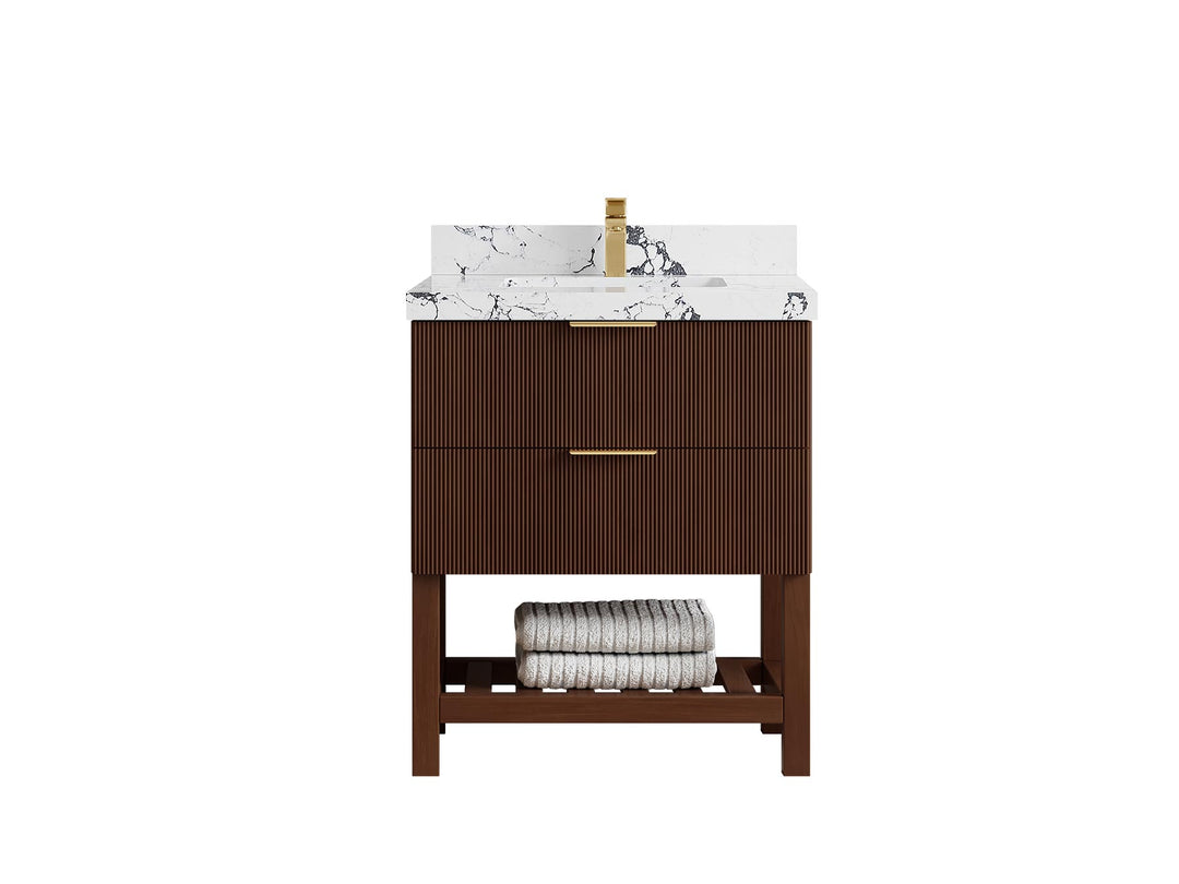 Catalina Teak 30 in W x 22 in D Free Standing Reeded Single Sink Bathroom Vanity