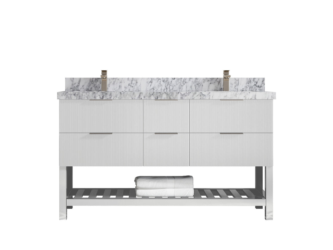 Catalina 60 in. W x 22 in. D Double Sink Bathroom Vanity in White with 2 in Carrara Marble Countertop