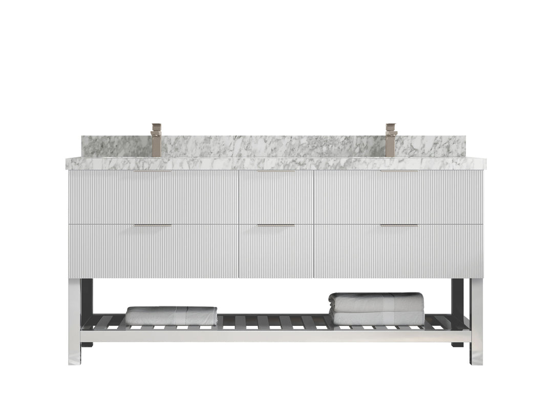 Catalina 72 in. W x 22 in. D Double Sink Bathroom Vanity in White with 2 in Carrara Marble Countertop