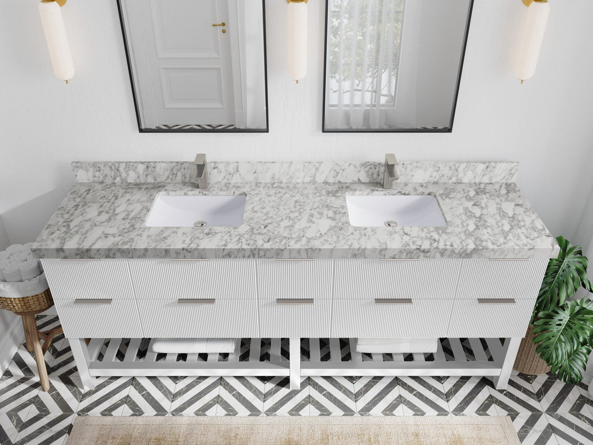 Catalina 84 in. W x 22 in. D Double Sink Bathroom Vanity in White with 2 in Carrara Marble Countertop - Top View