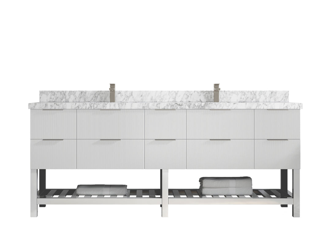 Catalina 84 in. W x 22 in. D Double Sink Bathroom Vanity in White with 2 in Carrara Marble Countertop